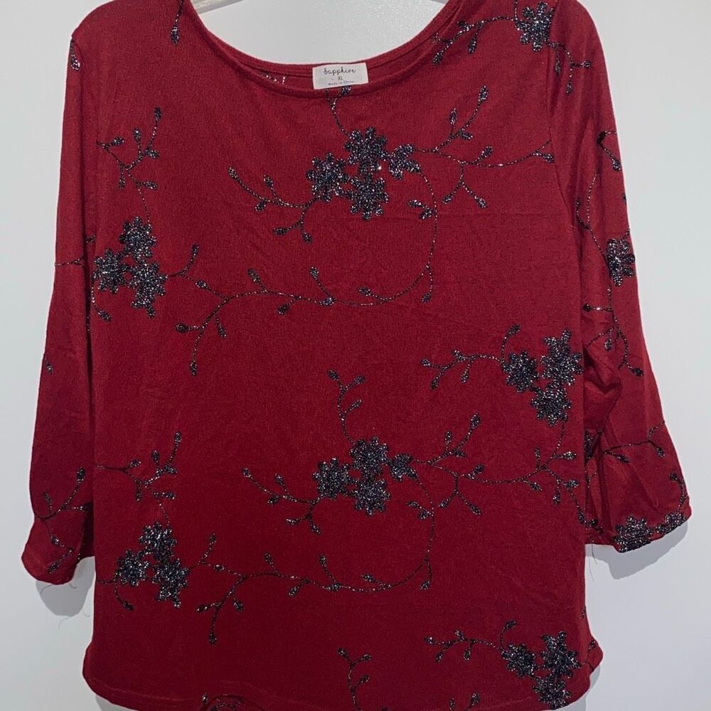 Sapphire Women's Red Embellished‎ Floral Round Neck 3/4 Sleeve Blouse Size XL